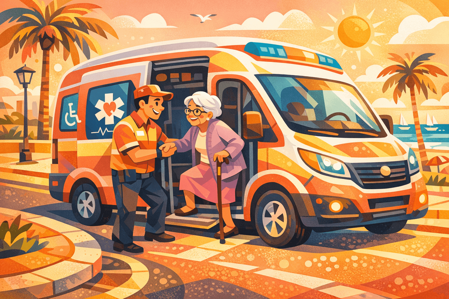 Animated cartoon style friendly driver helping a senior patient near a medical van on a sunny beachside street