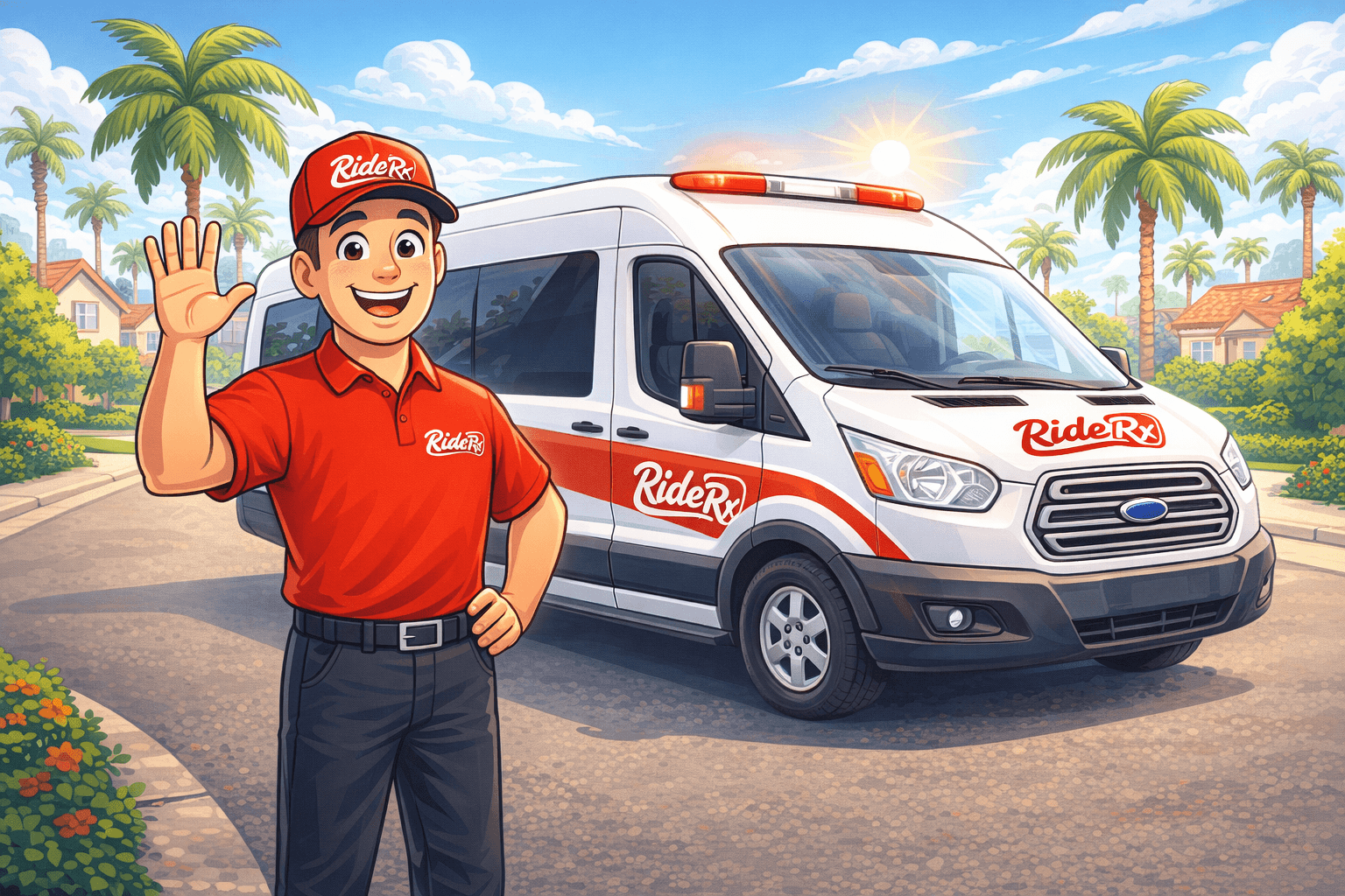 Friendly RideRx cartoon mascot driver ready to help patients