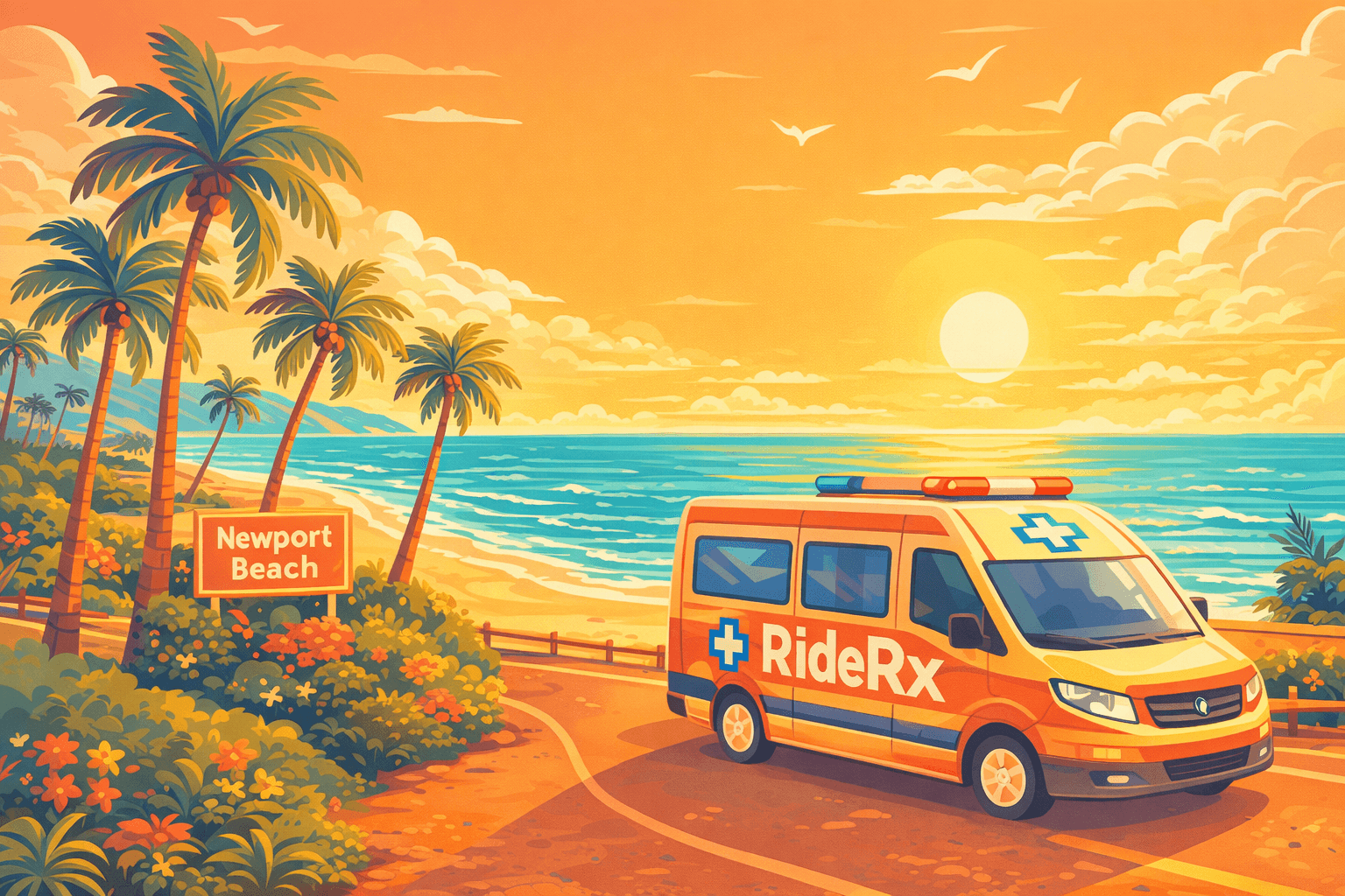 RideRx animated beach background with van on coastal road
