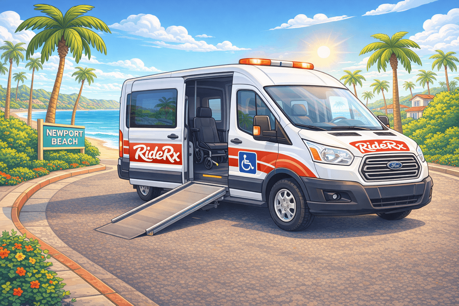 Patient in wheelchair securely positioned inside accessible medical transport van with safety features