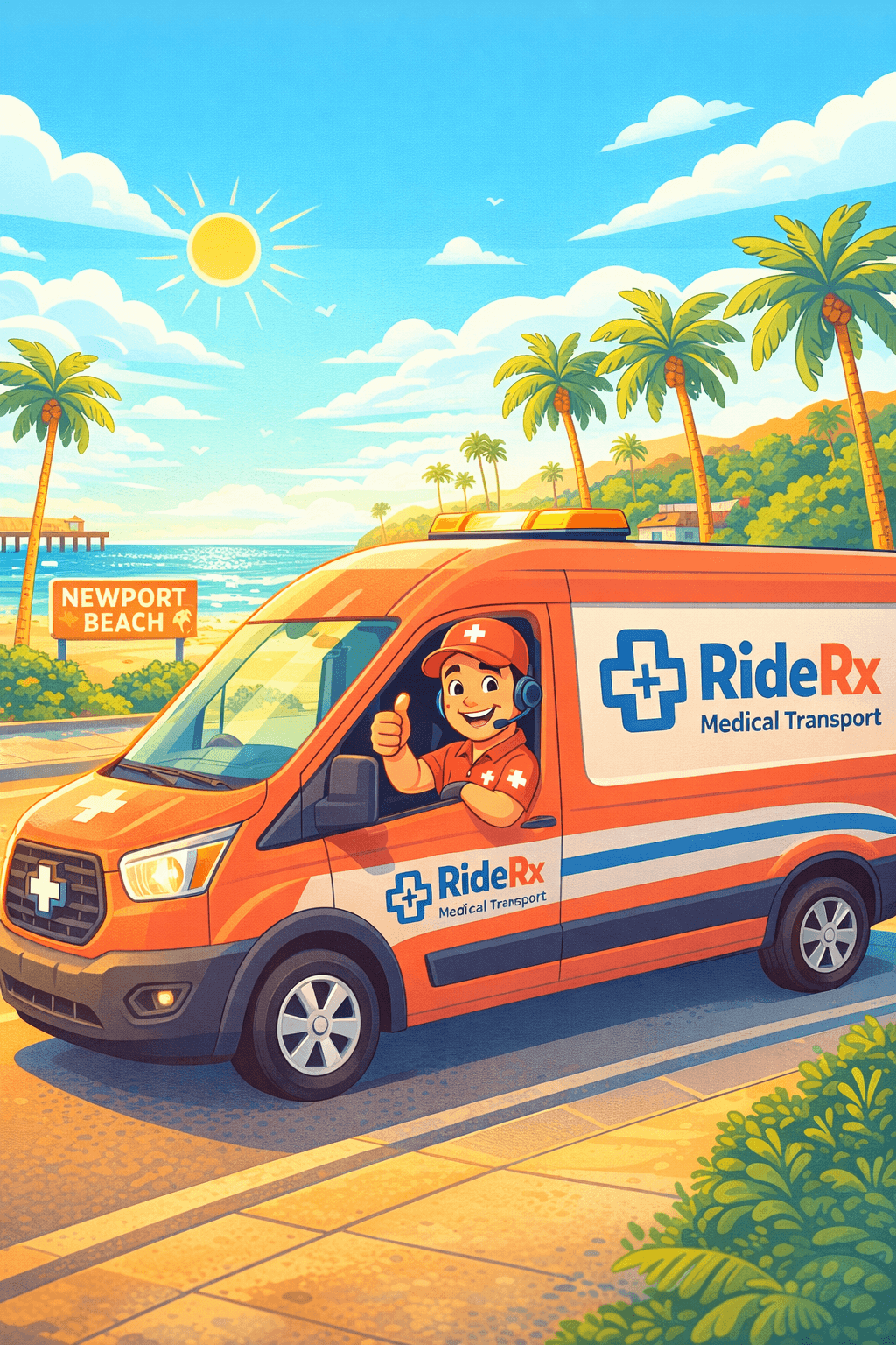 RideRx animated van and mascot on Newport Beach street
