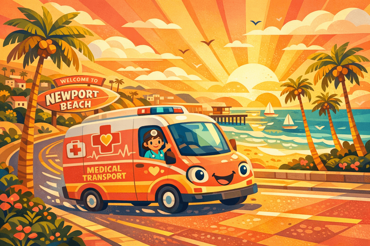Animated beach scene with RideRx van on a palm tree lined coastal road
