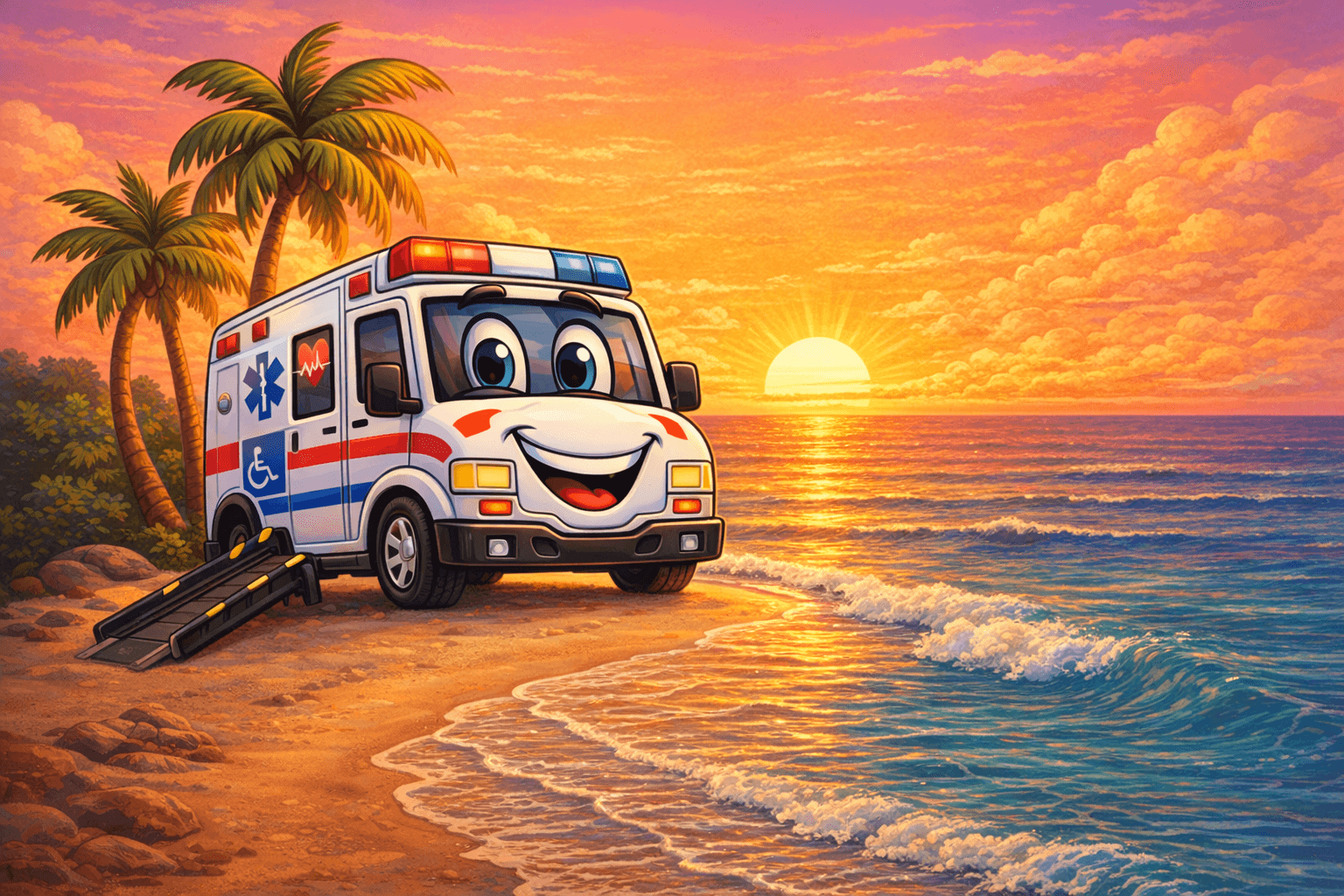RideRx animated beach background with van on coastal road