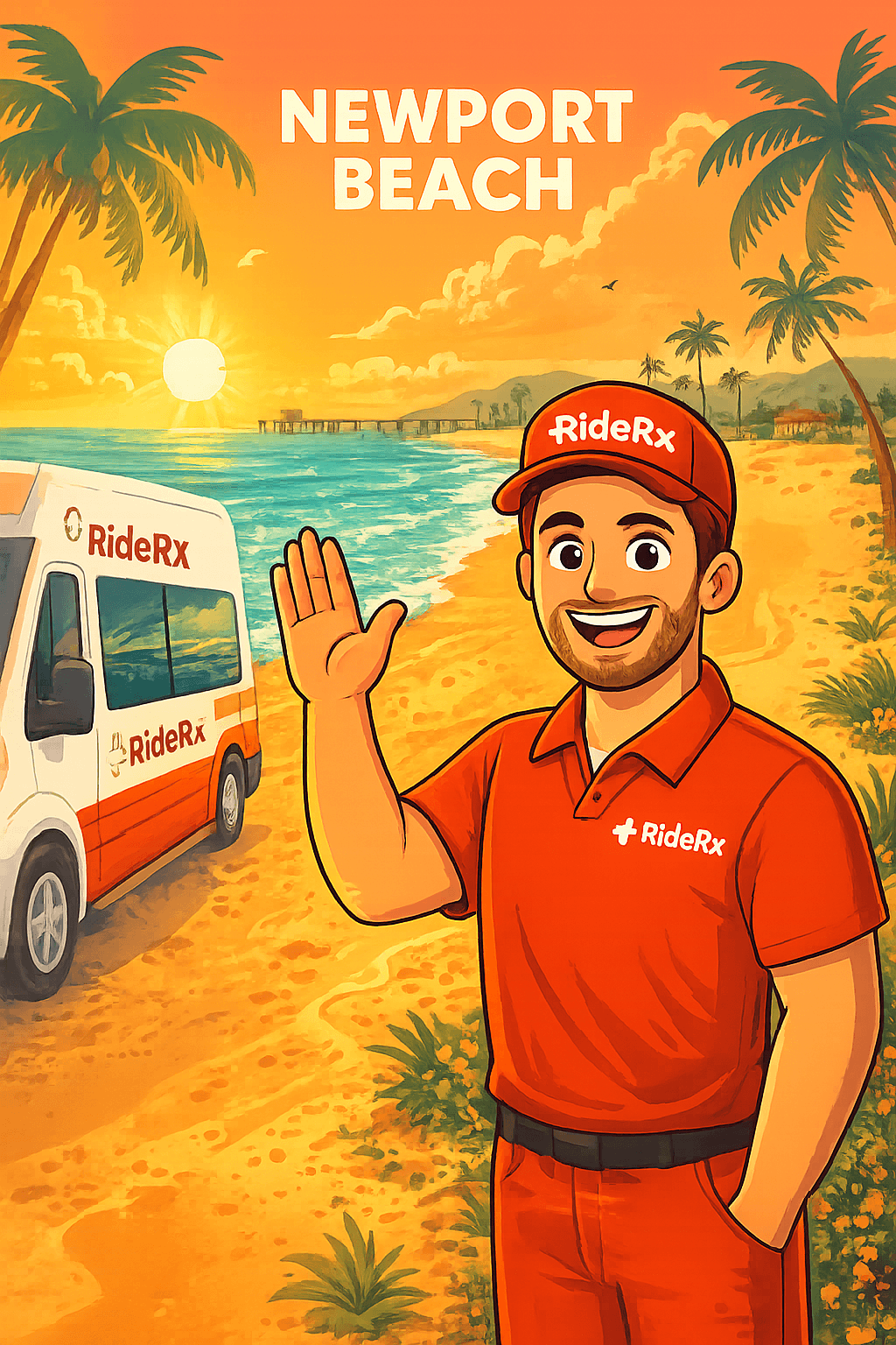 RideRx animated mascot waving on Newport Beach