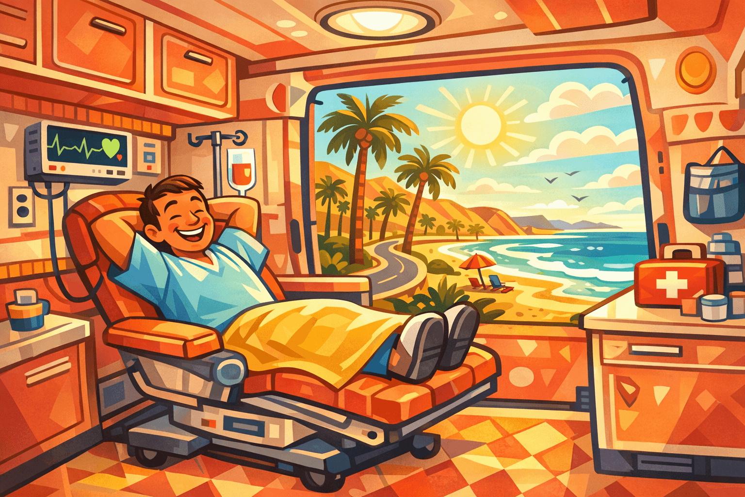 Animated cartoon view inside a comfortable medical van with a happy patient looking out at the sunny California coast