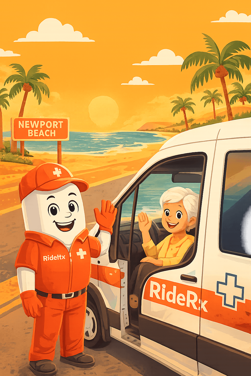 RideRx animated mascot greeting a patient at Newport Beach