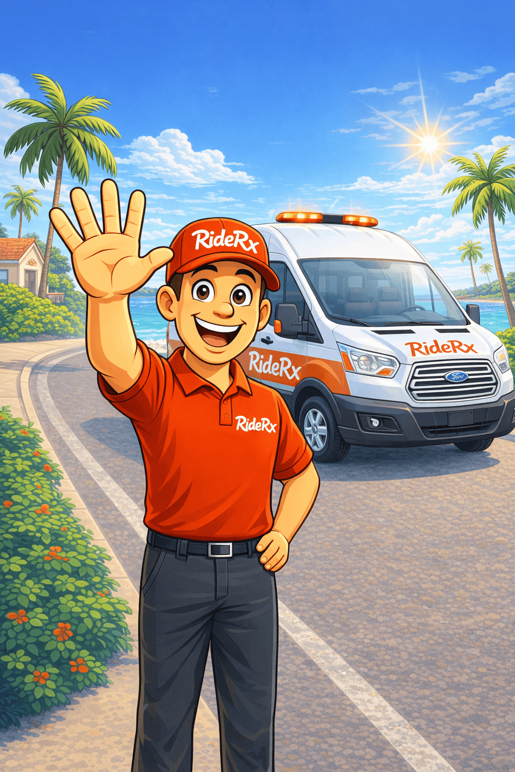 RideRx cartoon mascot driver waving hello in front of a van on a sunny Newport Beach day