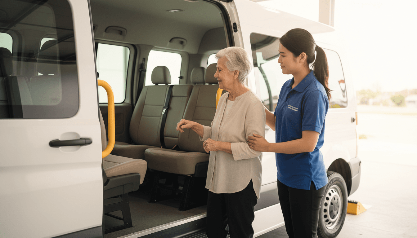 Professional driver assisting elderly patient into accessible medical transportation vehicle in Newport Beach