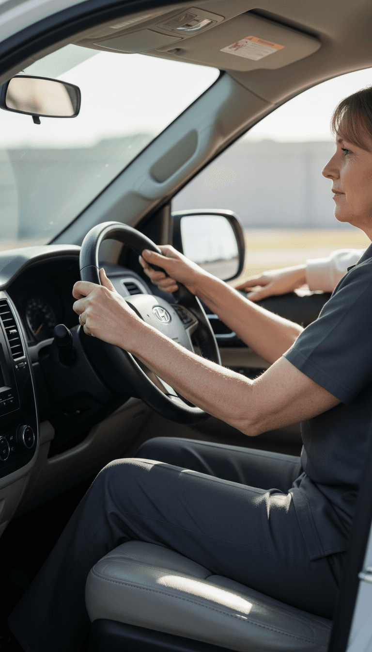 Professional medical transportation driver at the wheel with attentive, caring expression