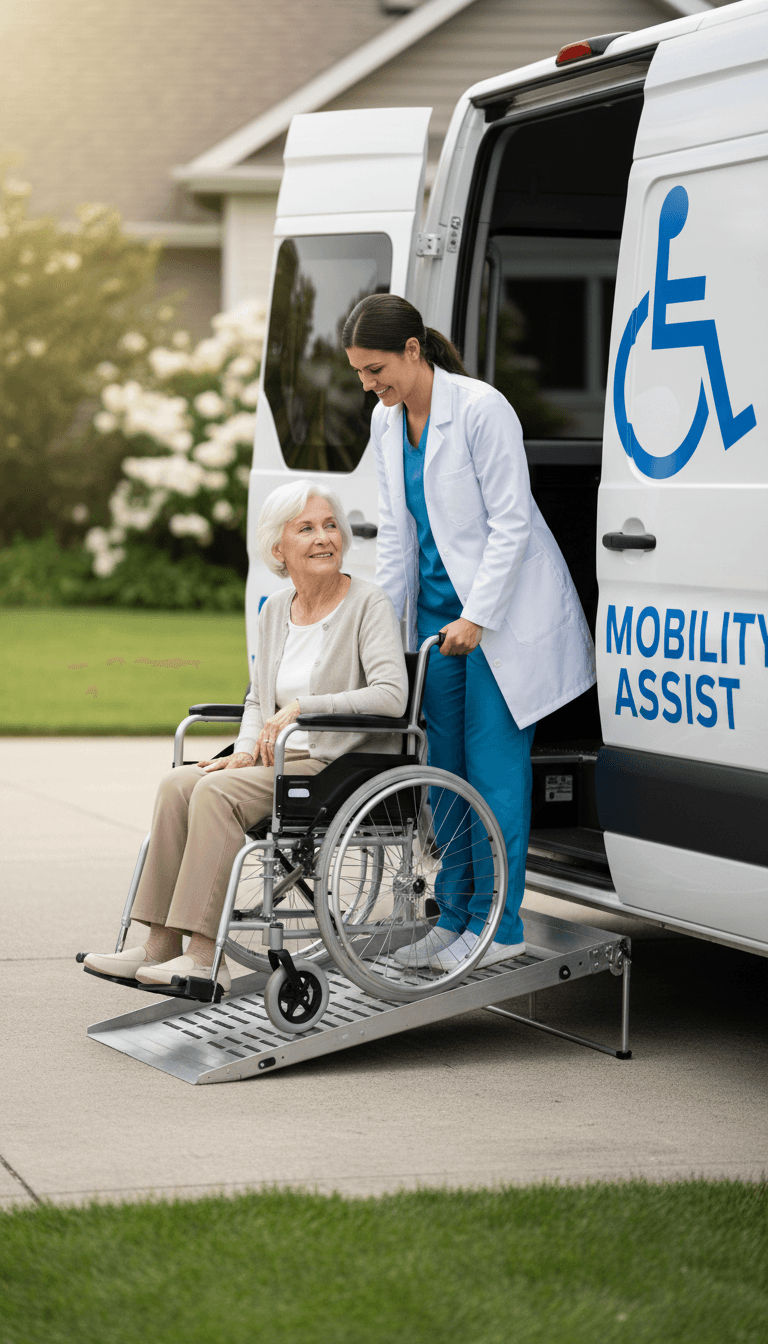 RideRx caregiver helping patient into medical transportation vehicle
