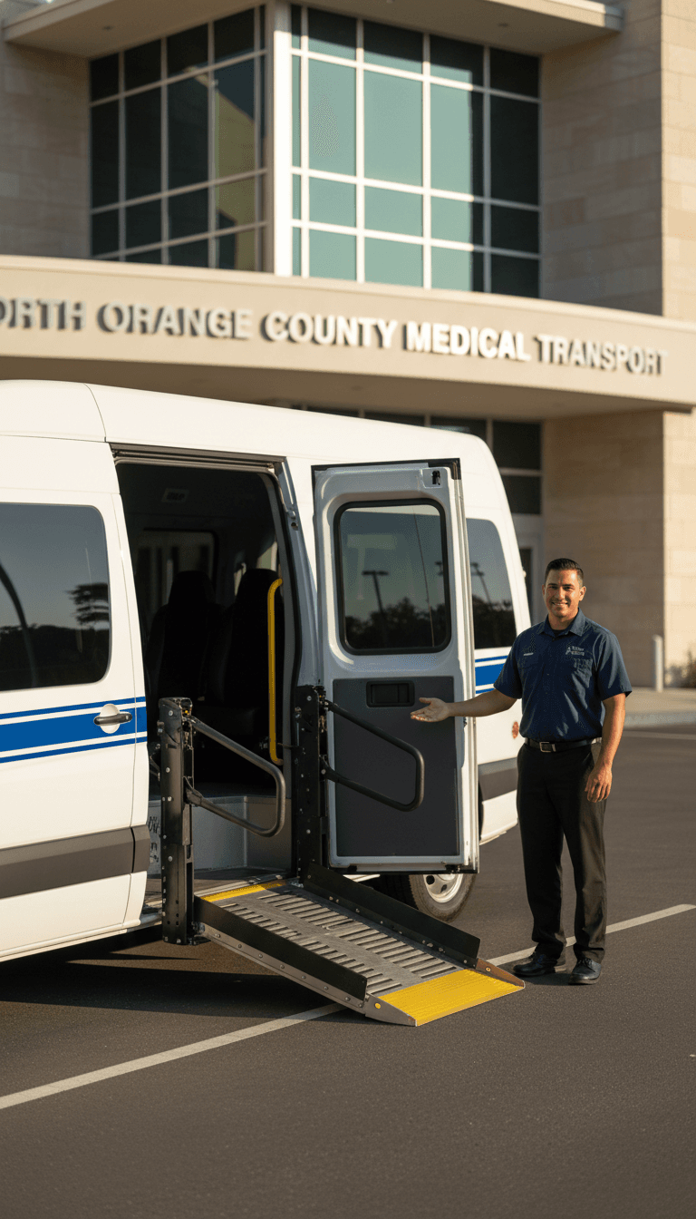 RideRx Medical Transportation vehicle with wheelchair ramp extended in North Orange County