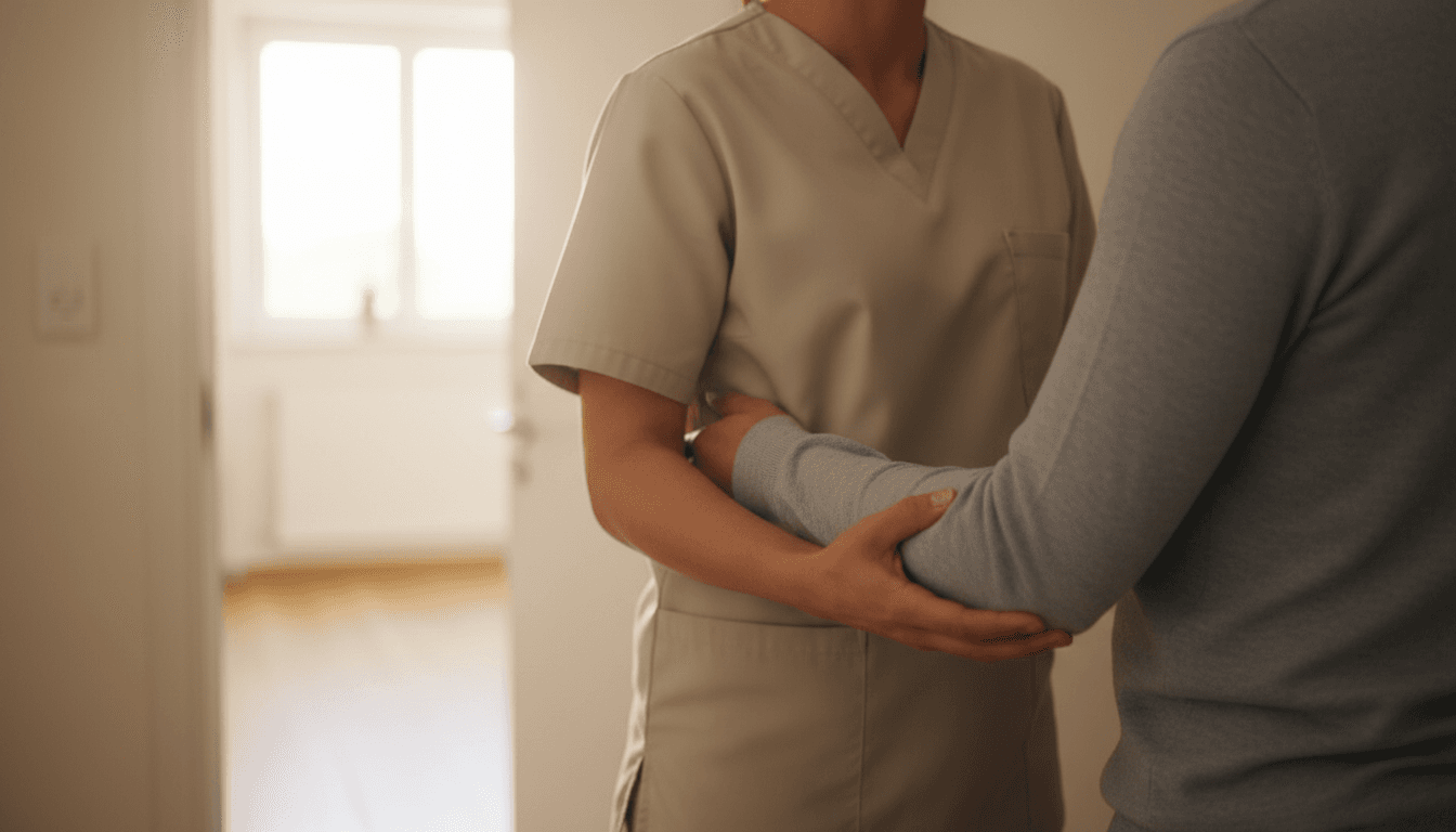 Medical professional assisting a patient with mobility support, demonstrating careful and compassionate care