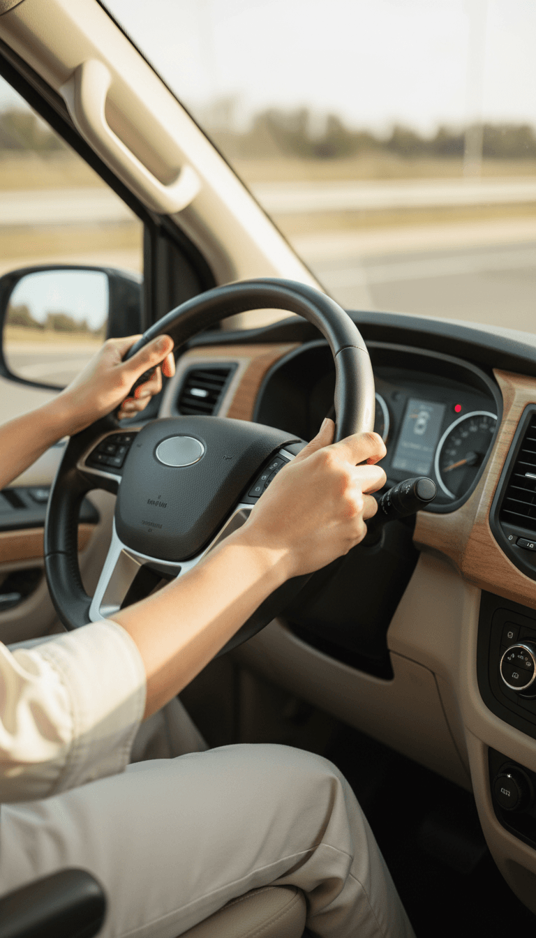 RideRx professional driver's hands on steering wheel in medical transport vehicle