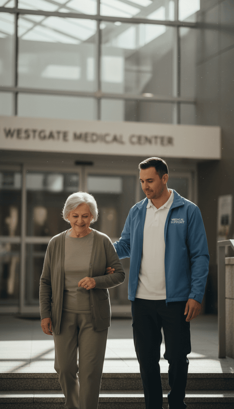 Medical transportation specialist providing mobility assistance to patient outside hospital