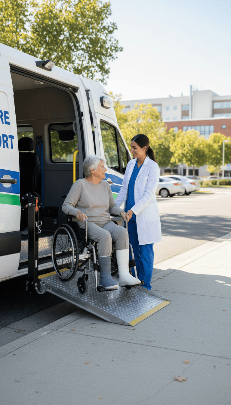 RideRx medical transportation van with caregiver assisting patient entrance