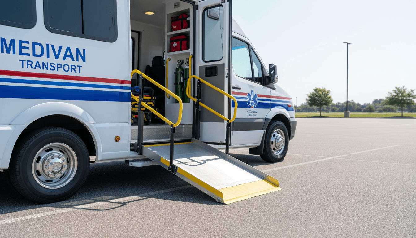 RideRx accessible medical transportation vehicle with wheelchair ramp extended