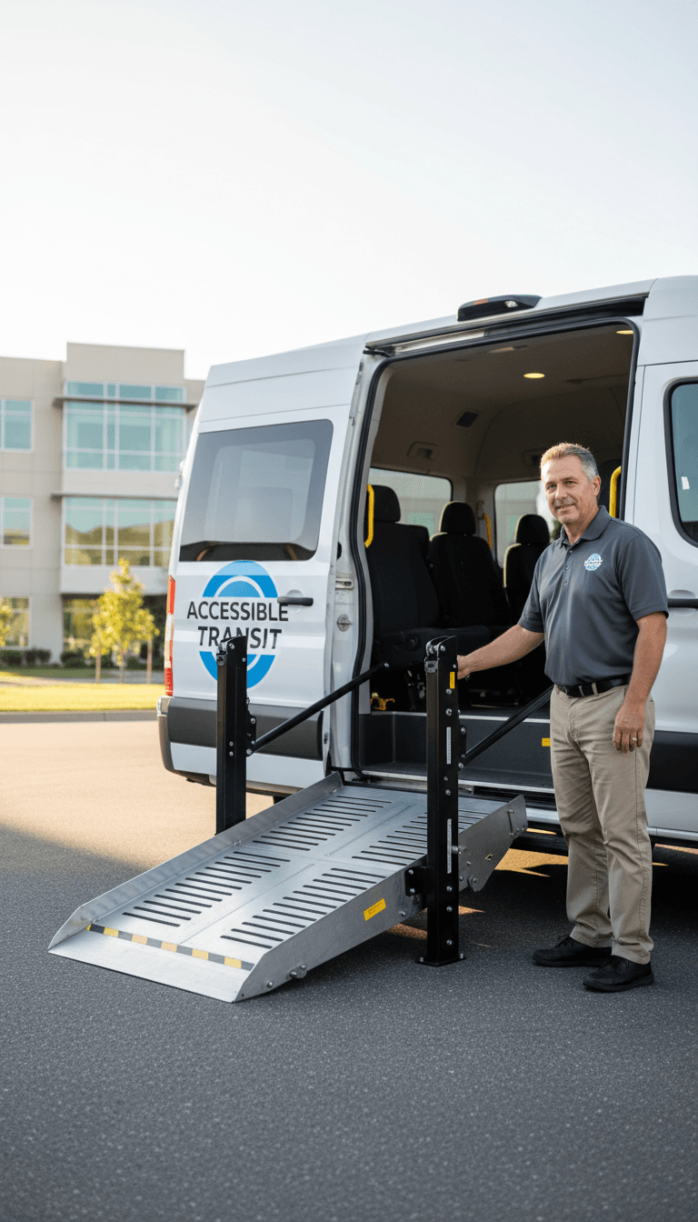 Wheelchair accessible van with deployed ramp and professional driver in Irvine