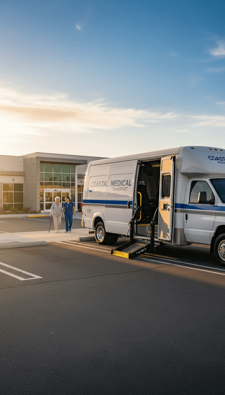 RideRx medical transportation van at medical facility in Central Orange County