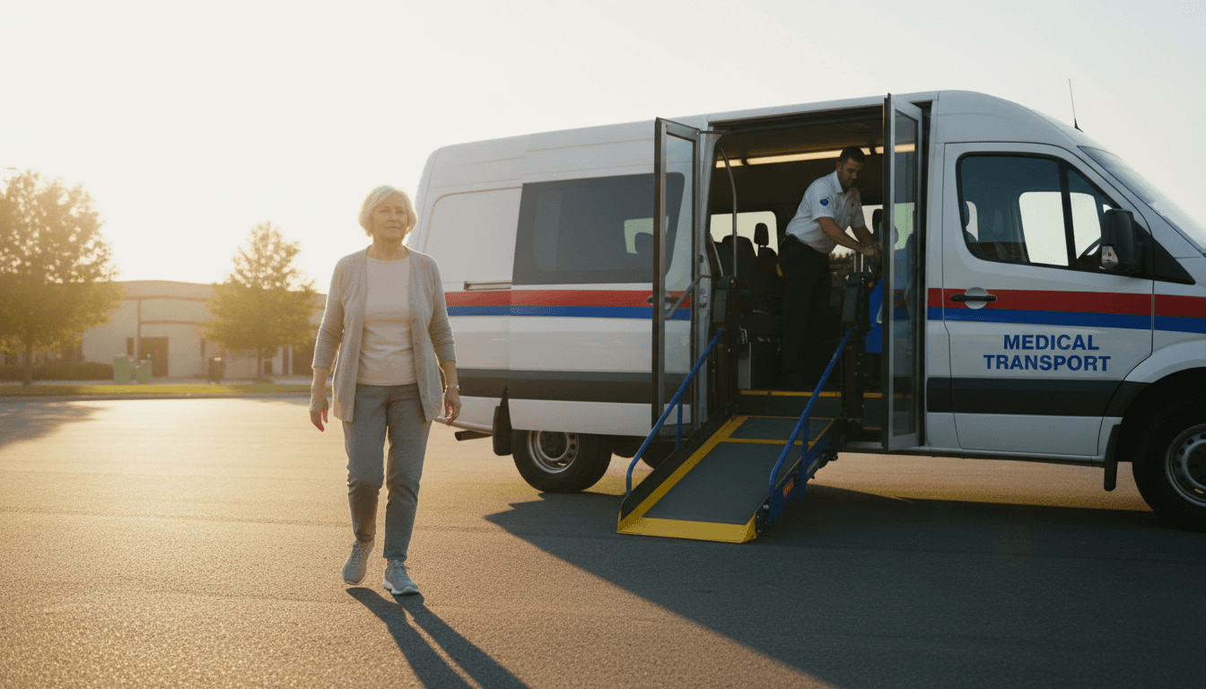 Older woman approaching a medical transportation van with driver assistance available