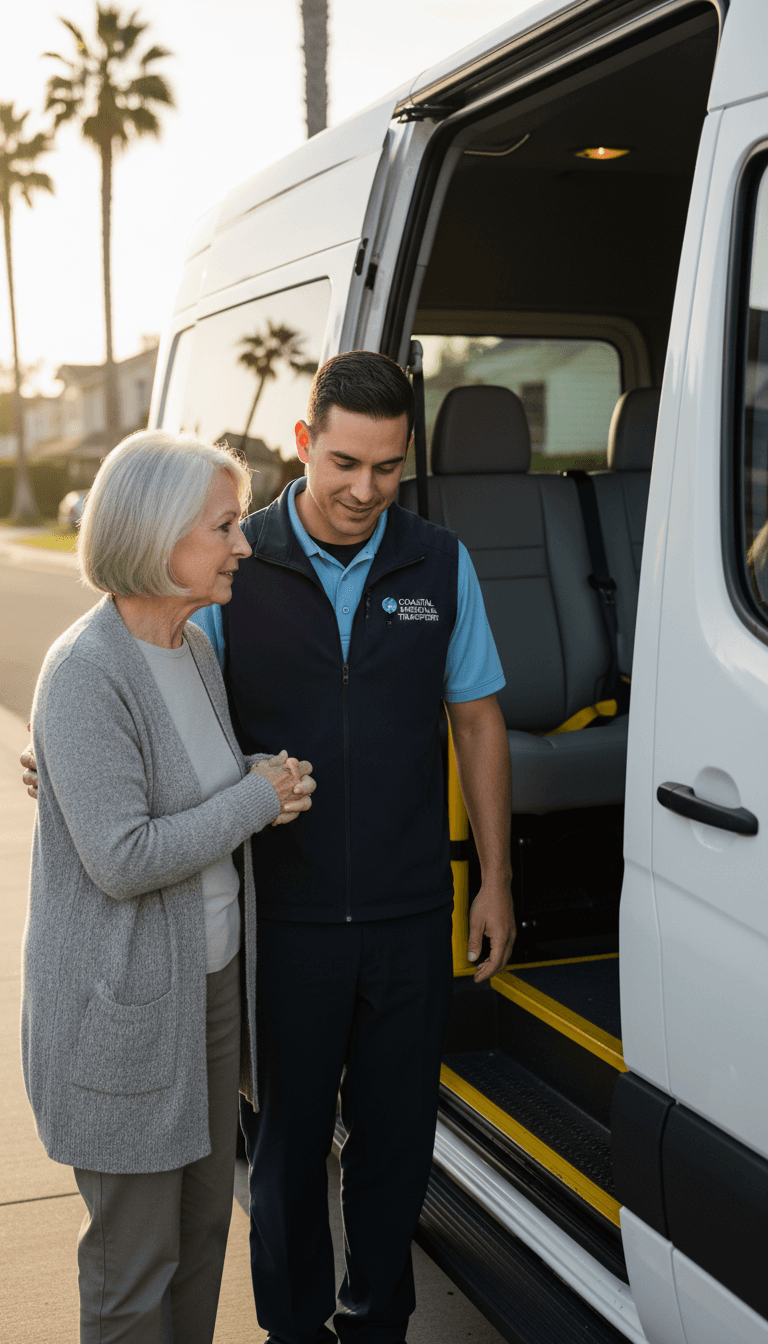 Professional driver assisting passenger into medical transport vehicle