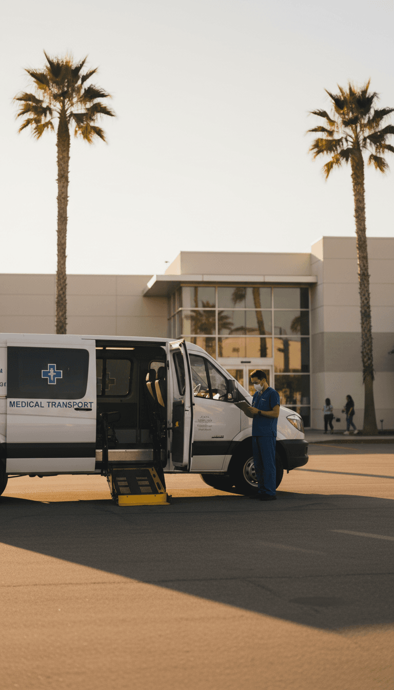RideRx Medical Transportation van parked at a medical facility in North Orange County