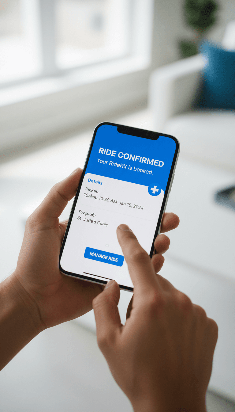 Patient confirming same-day transportation booking on phone