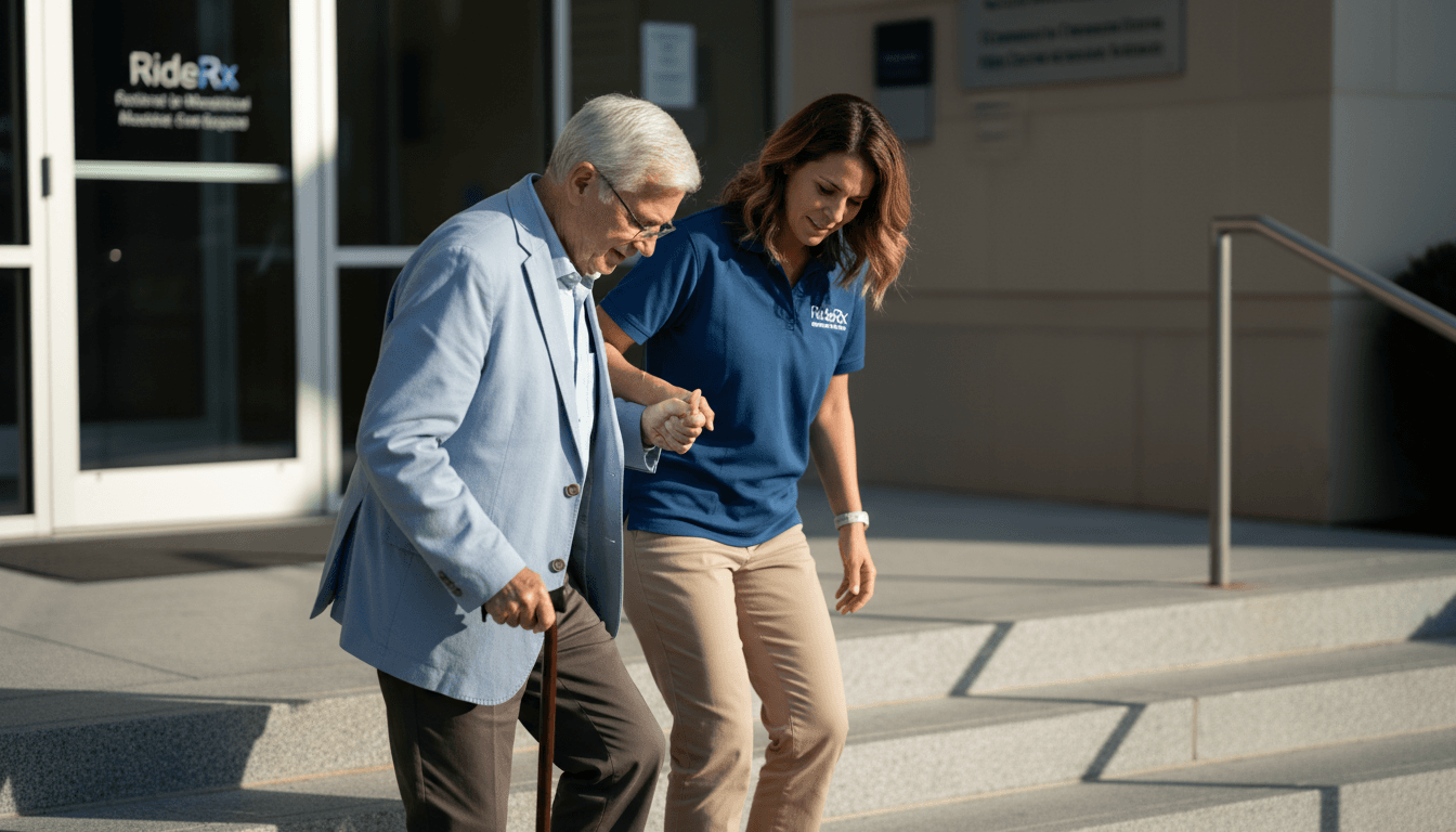RideRx staff assisting patient with stairs at medical appointment location