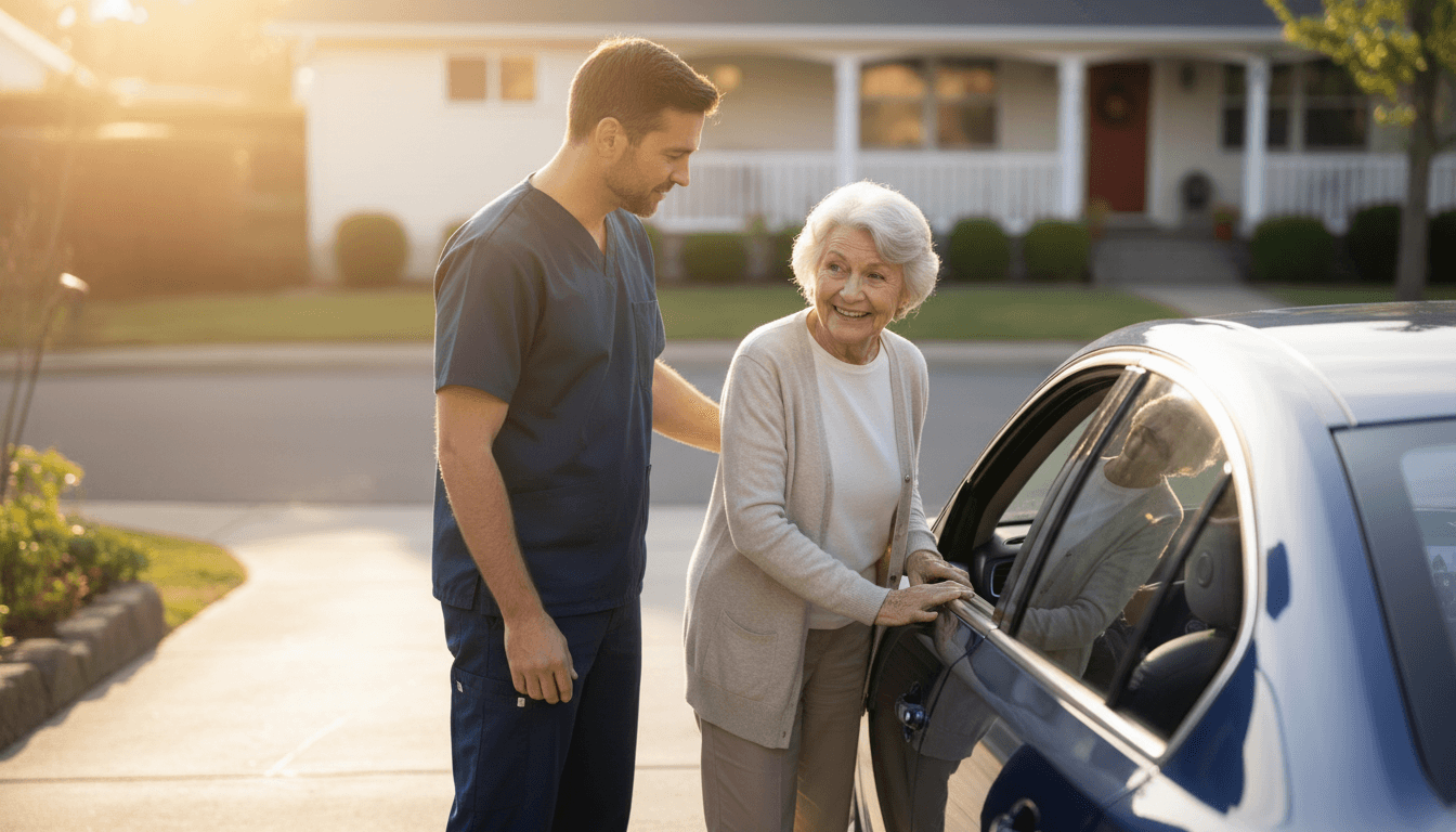 Professional healthcare driver assisting patient into medical transportation vehicle with care and attention