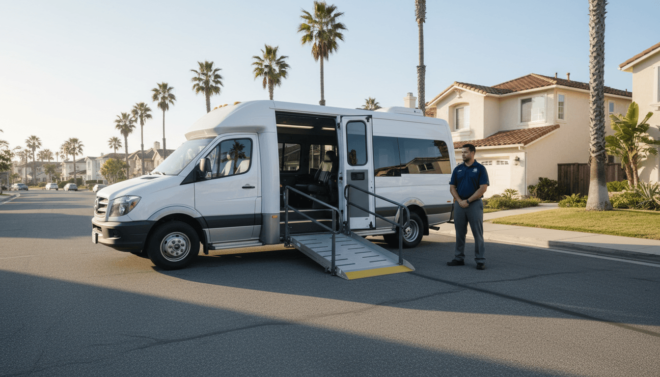 RideRx Medical Transportation vehicle with wheelchair ramp ready for patient pickup in South Orange County