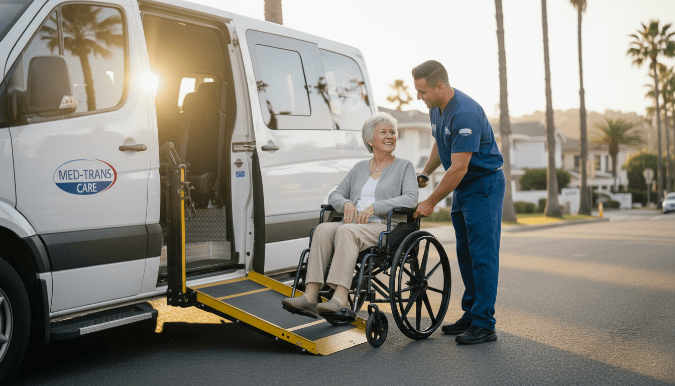Professional driver assisting dialysis patient into accessible medical transportation vehicle with wheelchair ramp
