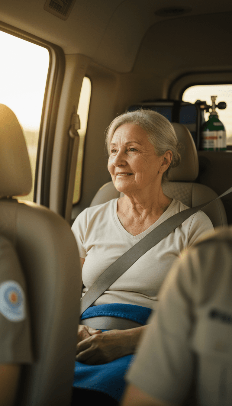 Senior patient smiling in medical transport vehicle