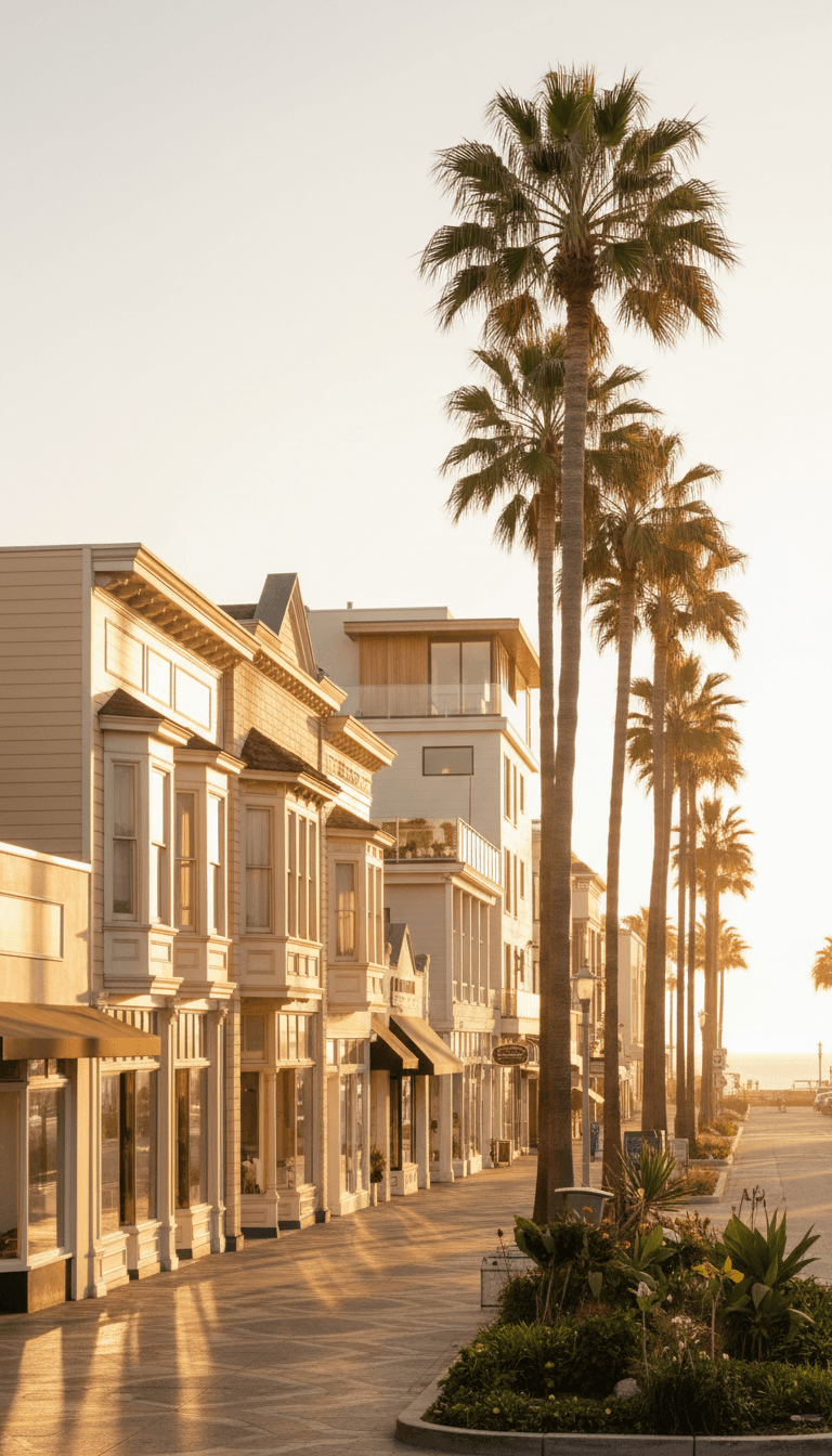 Coastal West Orange County community streetscape with palm trees and warm sunlight