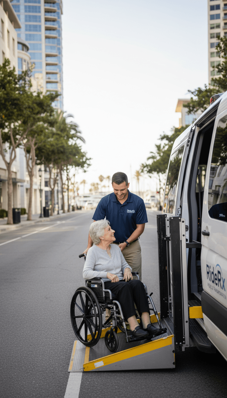 RideRx driver assisting a wheelchair-bound patient into a van with care and professionalism