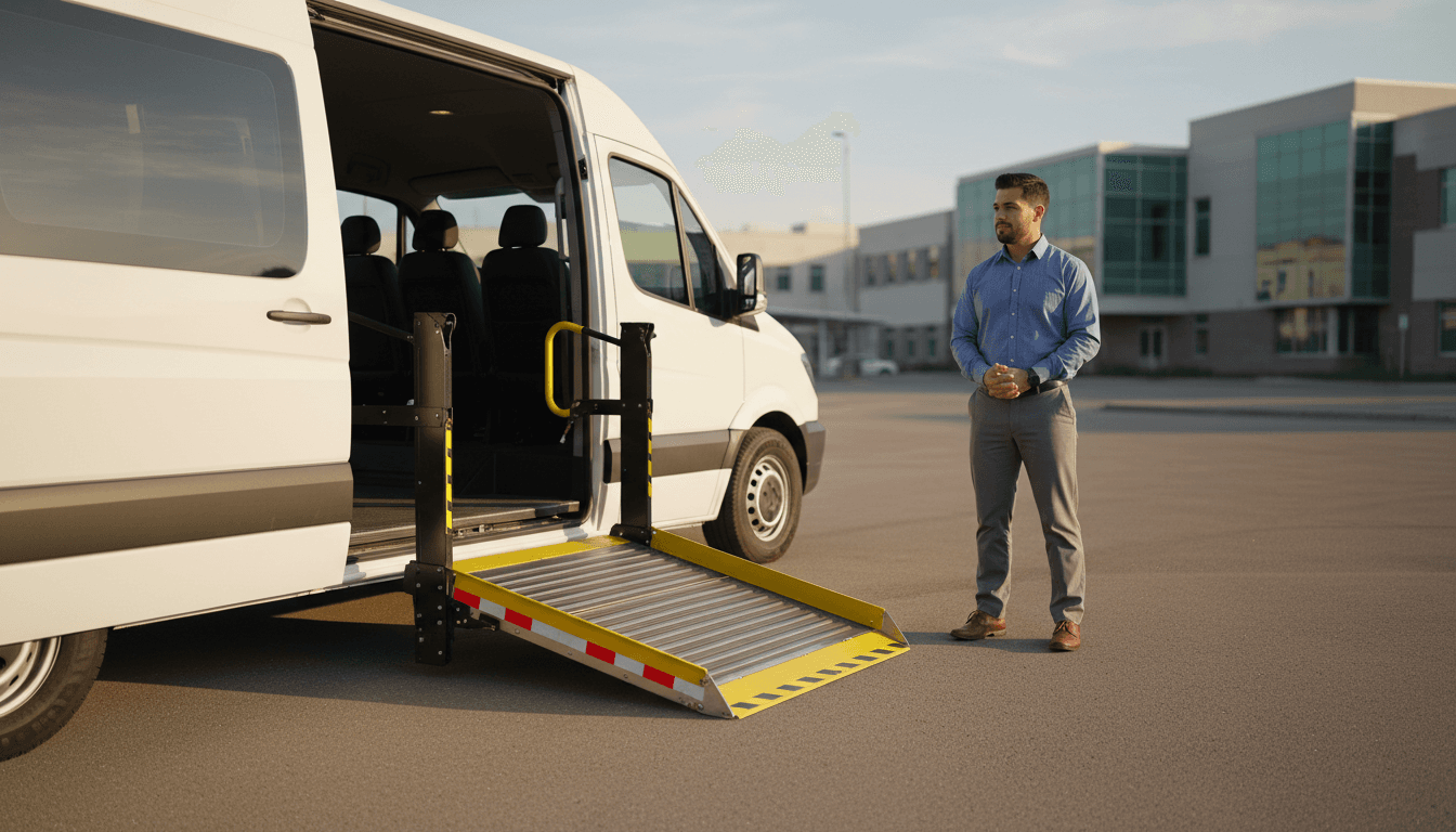 Wheelchair-accessible van with open ramp, showing safe loading features and professional driver in Irvine