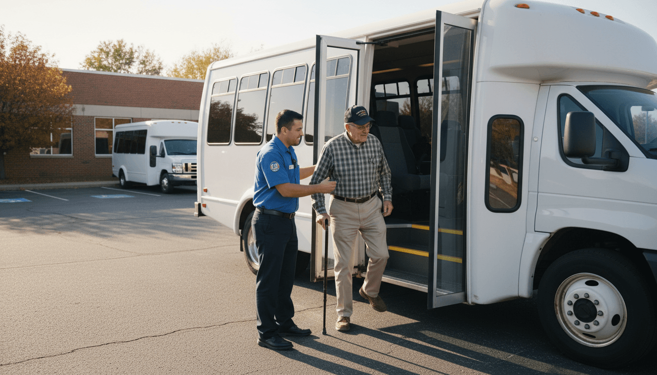 Professional medical transportation driver assisting a veteran into a vehicle with care and dignity