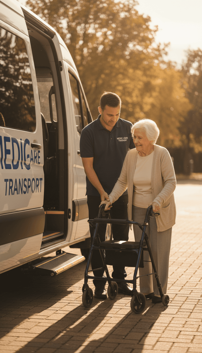 Professional driver assisting senior passenger with walker from medical transportation vehicle