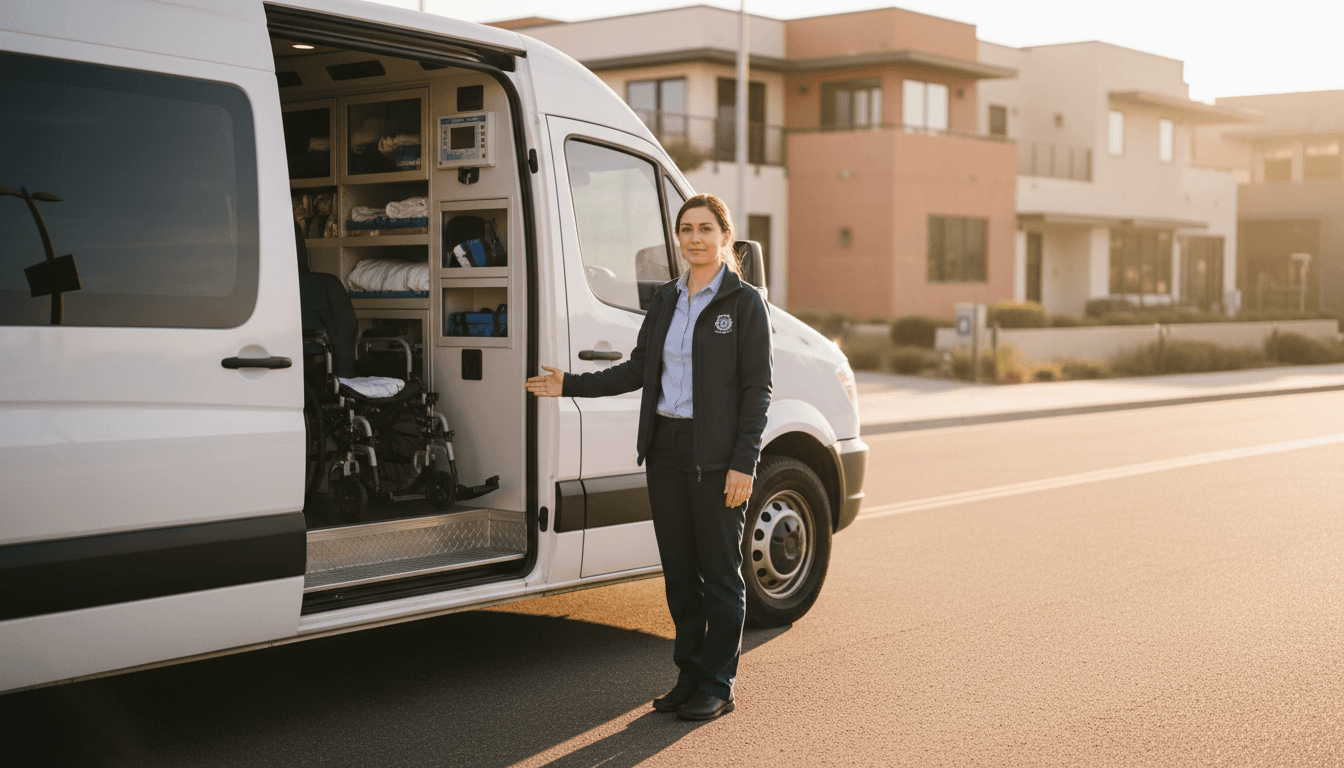 Professional medical transportation driver standing by van, ready to assist patients in Orange County