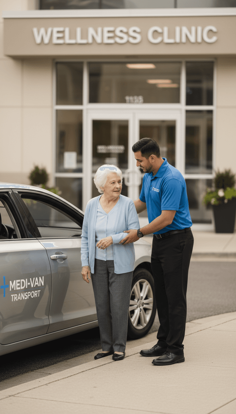 Medical transportation driver assisting patient at medical facility