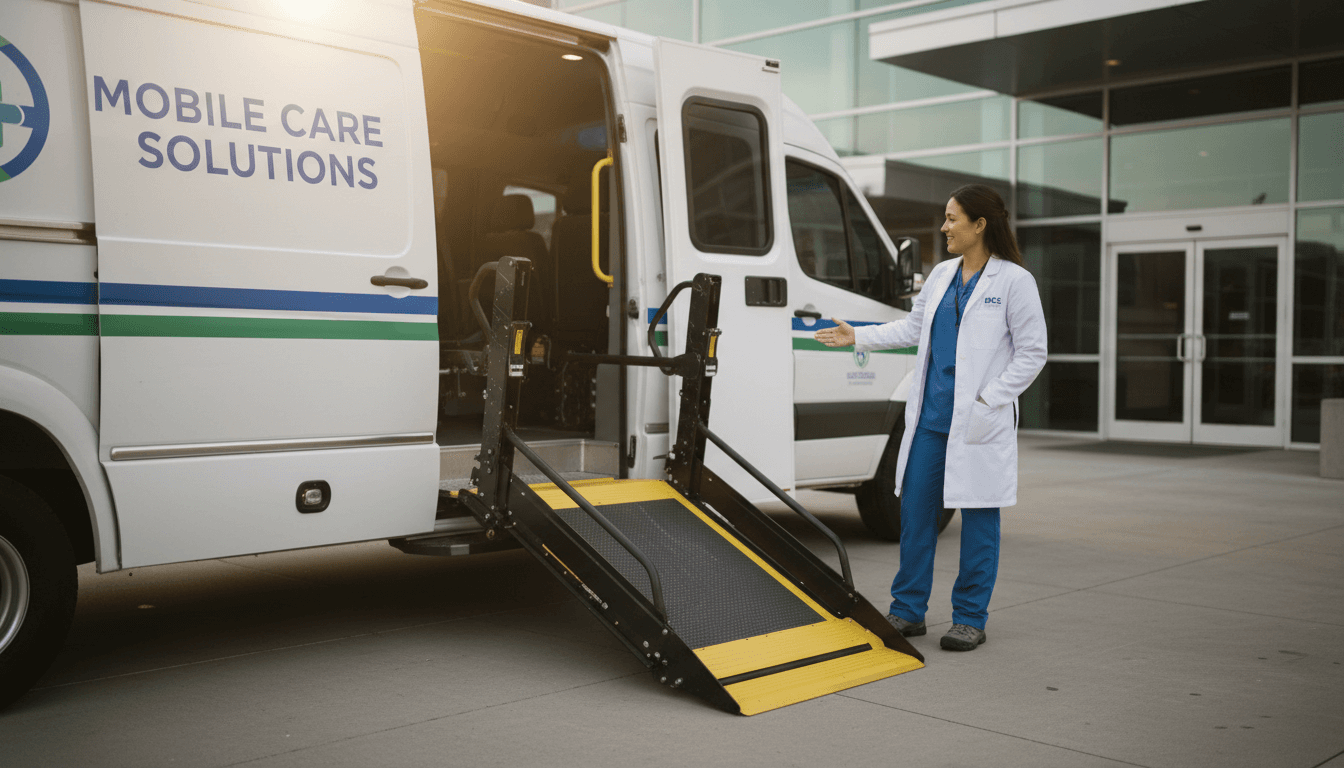 Medical transportation vehicle with wheelchair ramp and healthcare professional at North Orange County medical facility