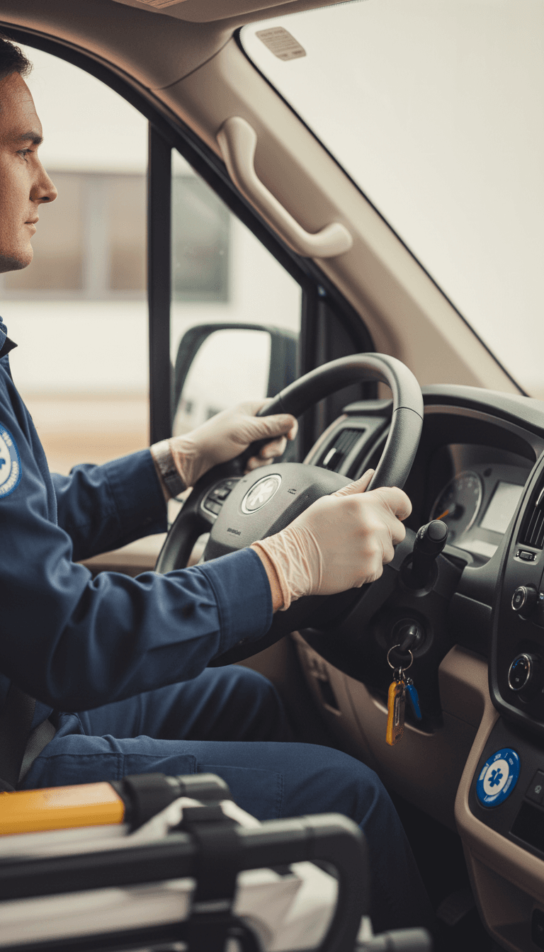 Professional medical transport driver operating vehicle with confidence and care