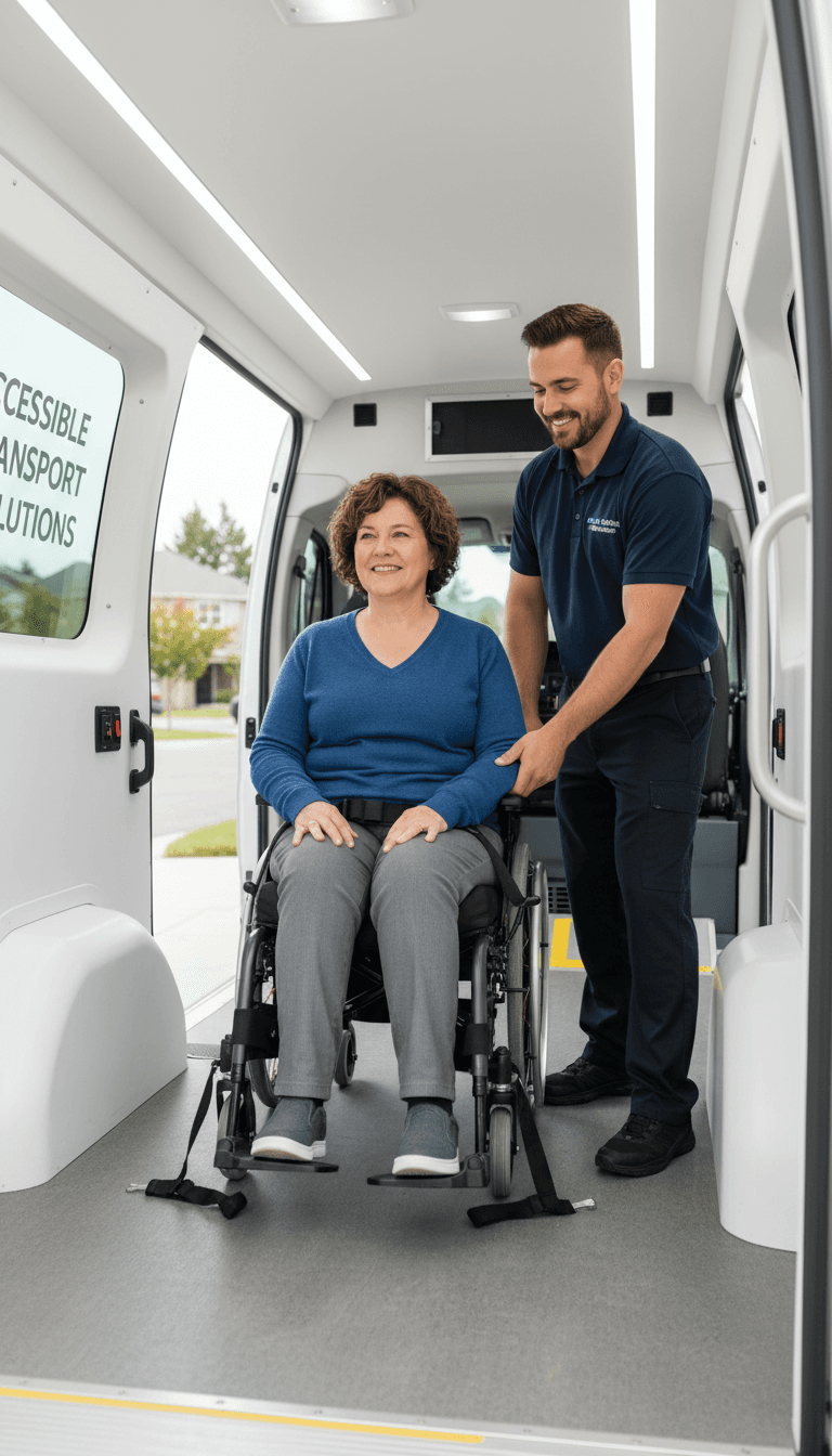 Wheelchair patient in accessible medical transportation vehicle
