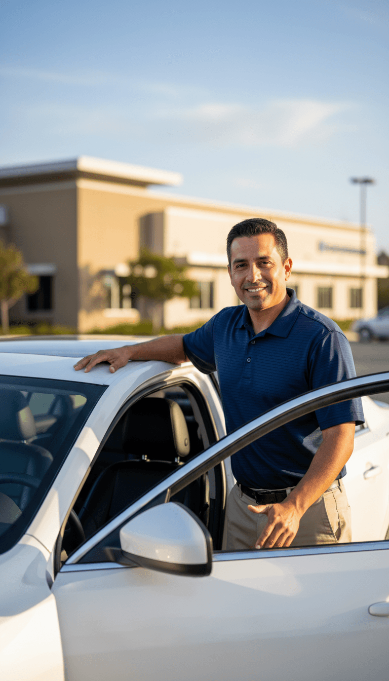 Professional RideRx driver standing beside medical transportation vehicle in Newport Beach