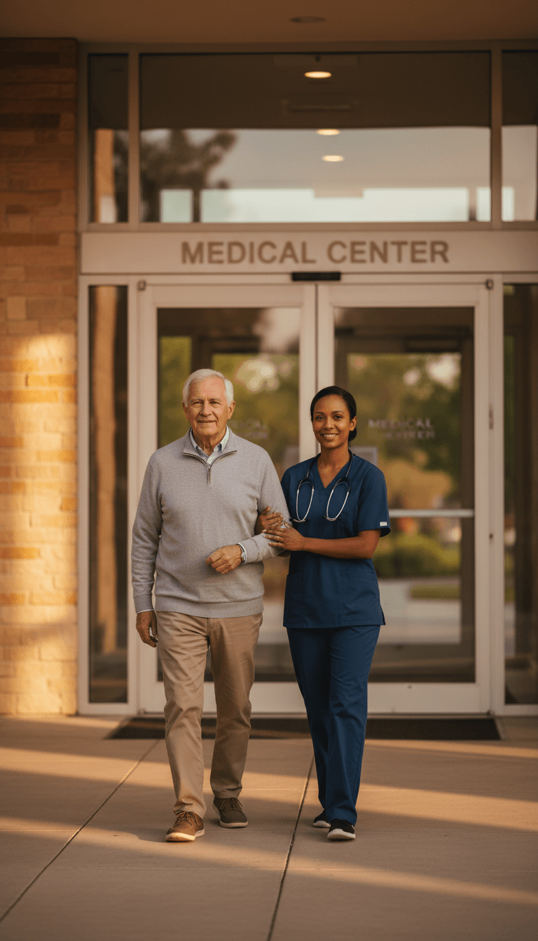Professional caregiver providing support to patient entering medical facility