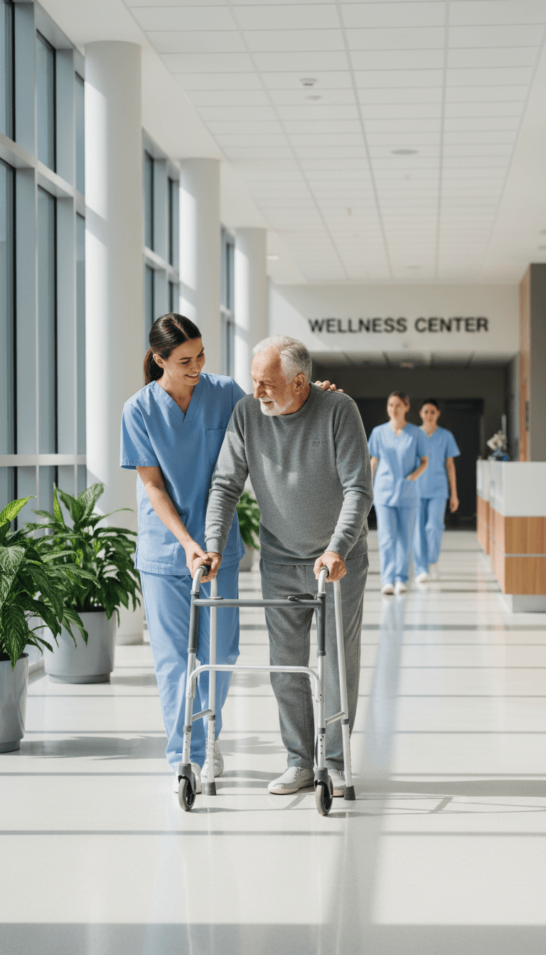 Healthcare professional providing mobility assistance to patient