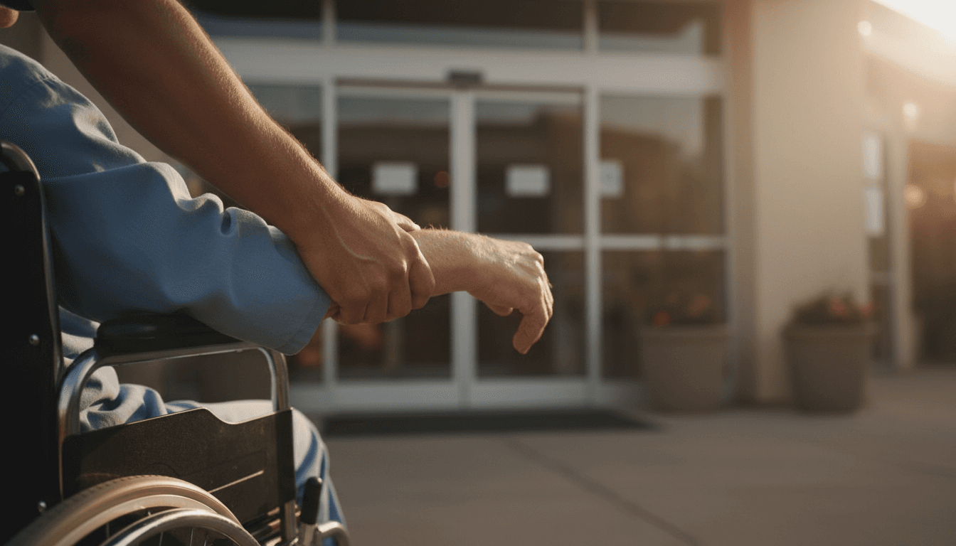 A caregiver assisting a patient in a wheelchair with careful, professional support