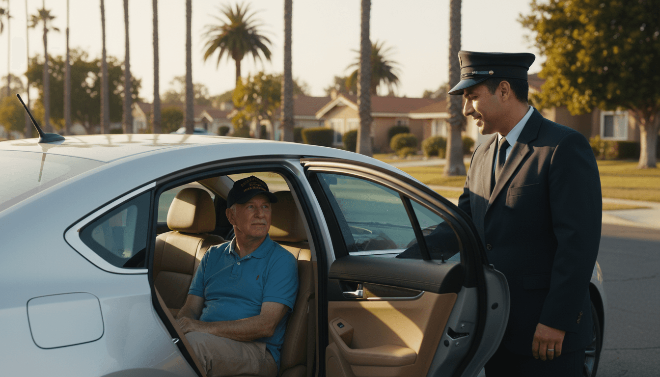 Professional medical transportation driver assisting a senior veteran into a comfortable sedan with open door