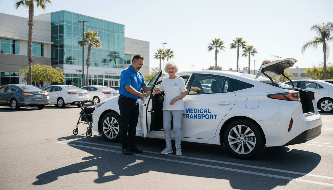 Professional driver assisting patient into accessible vehicle at medical facility