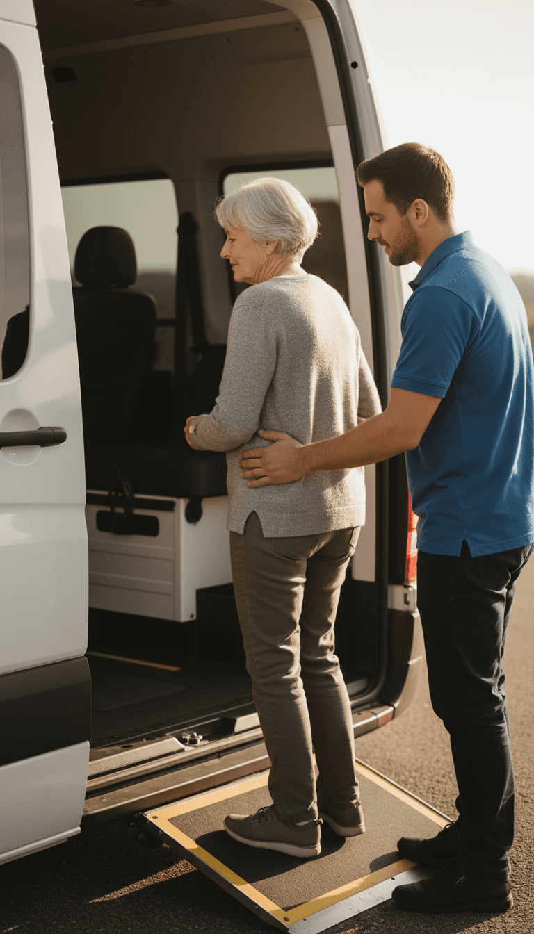 RideRx medical transport driver assisting patient into wheelchair-accessible van