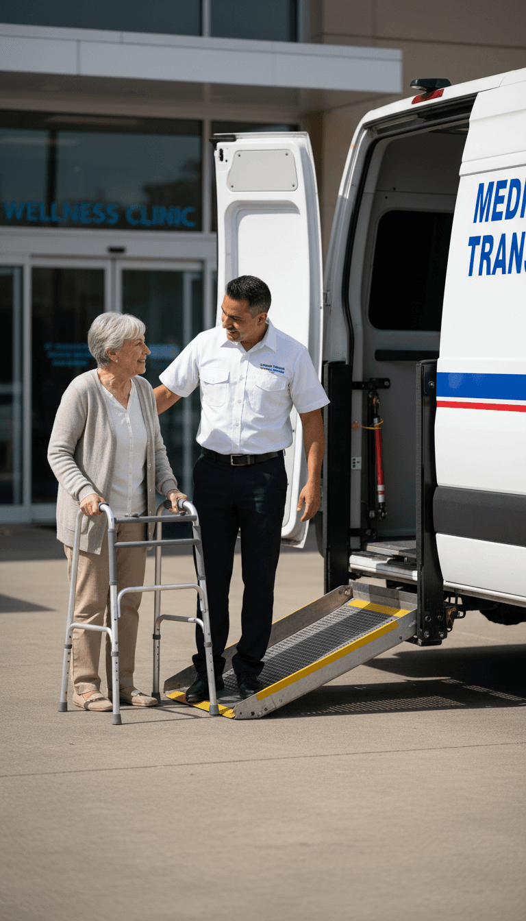 Professional driver assisting dialysis patient with mobility support near accessible medical transportation vehicle