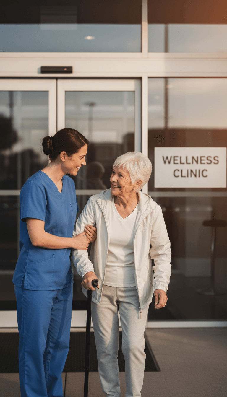 Professional caregiver assisting patient with mobility support at medical facility entrance